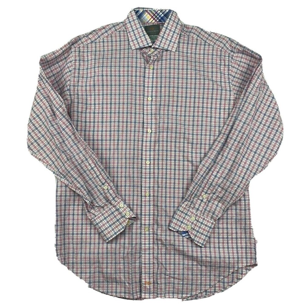 Thomas Dean Mens Plaid Long Sleeve Flip Cuff Pima Cotton Button Up Shirt Size L
